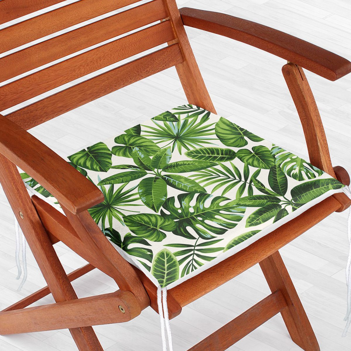 Beyaz Zemin Üzerinde Yeşil Yaprak Desenli Dijital Baskılı Modern Fermuarlı Sandalye Minderi Realhomes
