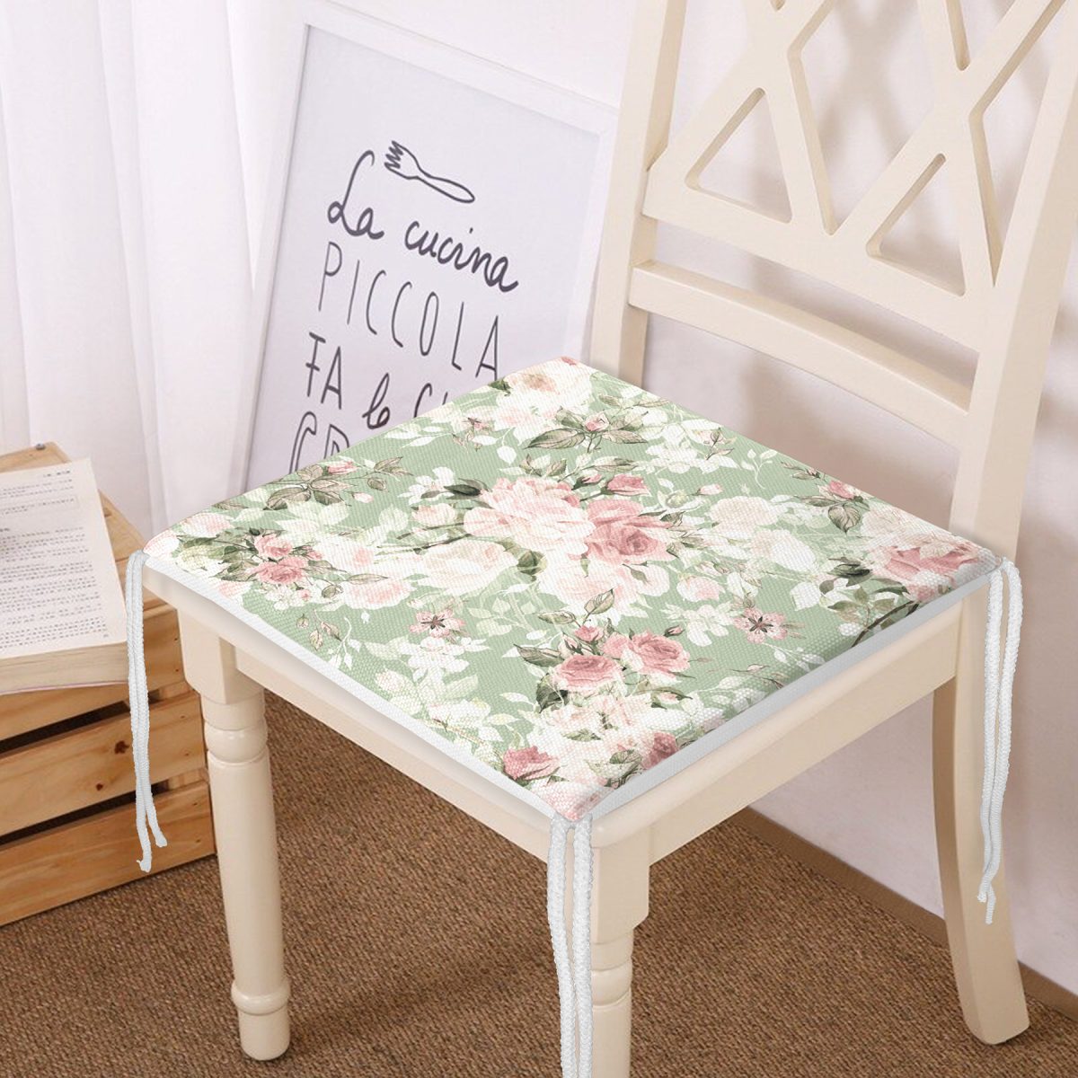 Renkli Zemin Üzerinde Beyaz Çiçek Desenli Dijital Baskılı Modern Fermuarlı Sandalye Minderi Realhomes