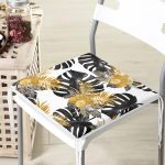 Beyaz Zemin Üzerinde Gold Detaylı Siyah Yaprak Desenli Dijital Baskılı Modern Fermuarlı Sandalye Minderi Realhomes