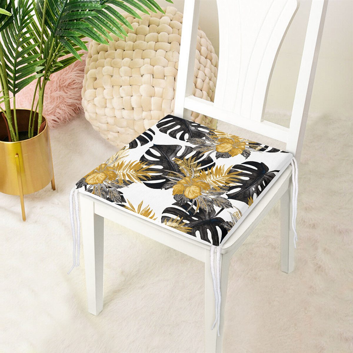 Beyaz Zemin Üzerinde Gold Detaylı Siyah Yaprak Desenli Dijital Baskılı Modern Fermuarlı Sandalye Minderi Realhomes