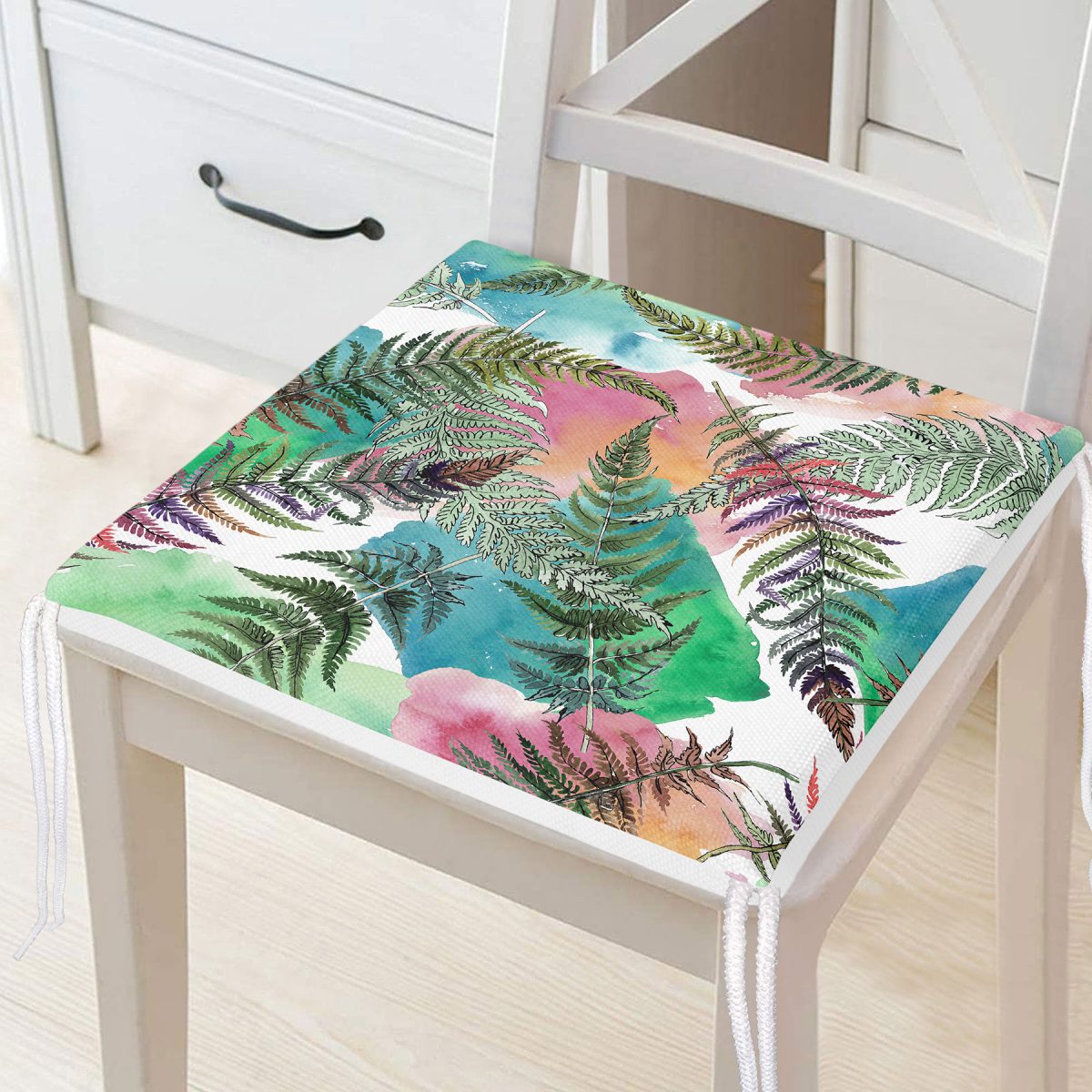 Beyaz Zeminde Renkli Soyut Çizimli Yaprak Desenli Dijital Baskılı Modern Fermuarlı Sandalye Minderi Realhomes