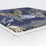 Mavi Zemin Üzerinde Gold Detaylı Yaprak Desenli Dijital Baskılı Modern Fermuarlı Sandalye Minderi Realhomes