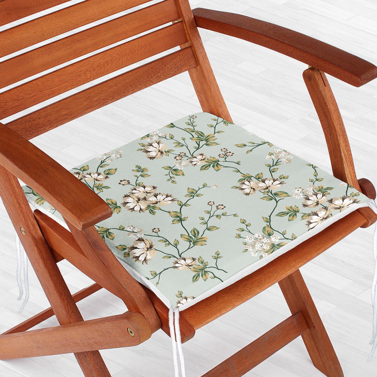 Renkli Zemin Üzerinde Yeşil Yapraklı Çiçek Desenli Dijital Baskılı Modern Fermuarlı Sandalye Minderi Realhomes