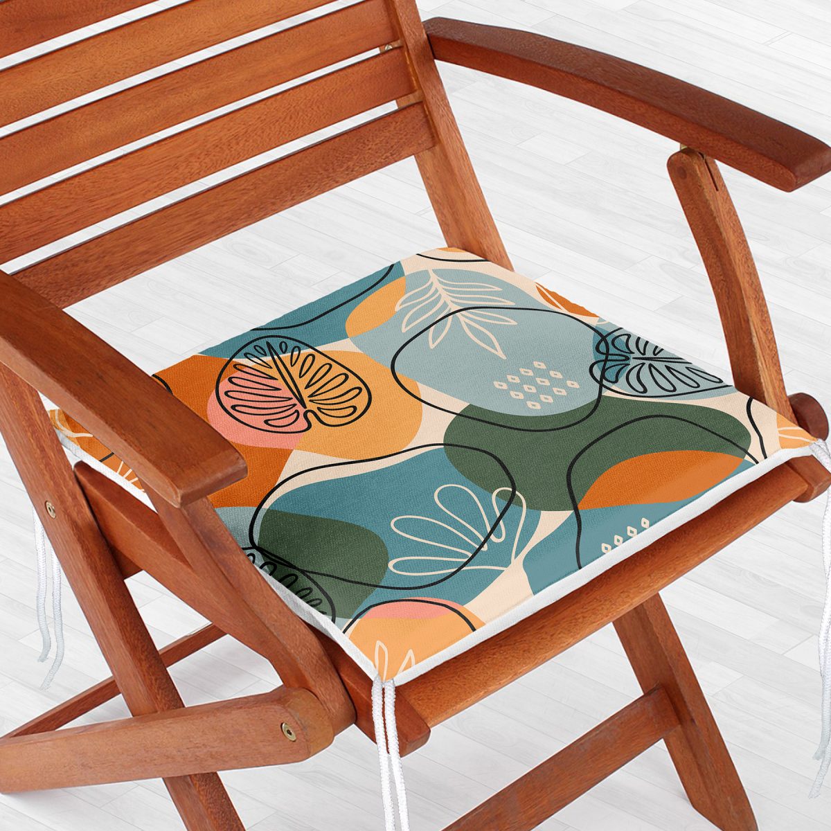 Renkli Zemin Üzerinde Onedraw Çizimli Yaprak Desenli Dijital Baskılı Modern Fermuarlı Sandalye Minderi Realhomes
