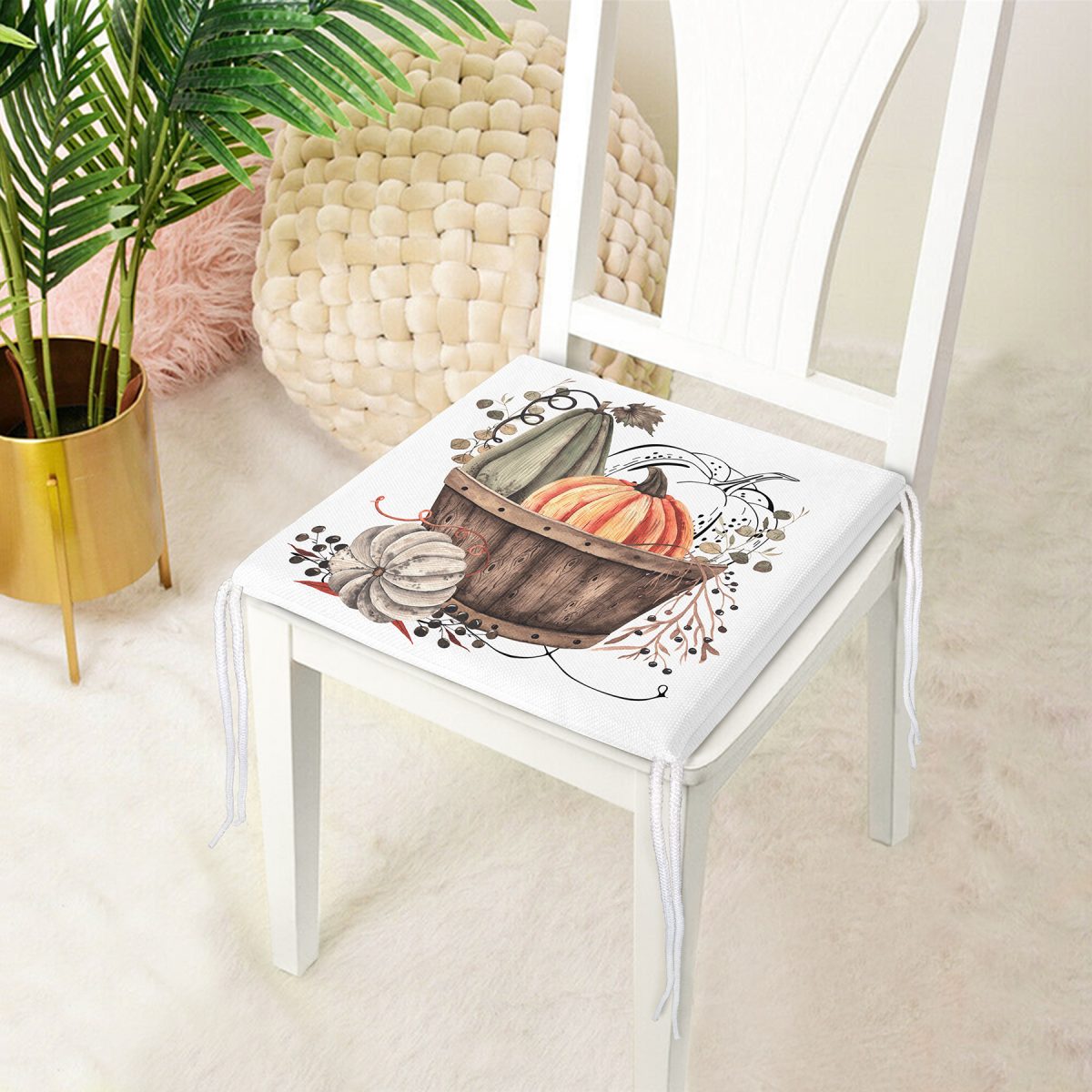 Beyaz Zemin Üzerinde Renkli Balkabağı Desenli Dijital Baskılı Modern Fermuarlı Sandalye Minderi Realhomes
