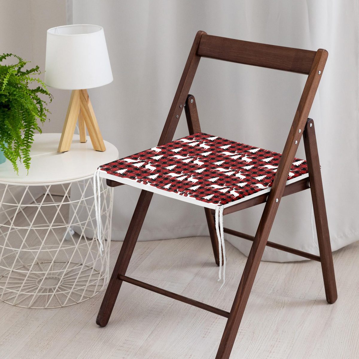 Kırmızı Ekose Desenli Geyik Motifli Dijital Baskılı Modern Fermuarlı Sandalye Minderi Realhomes