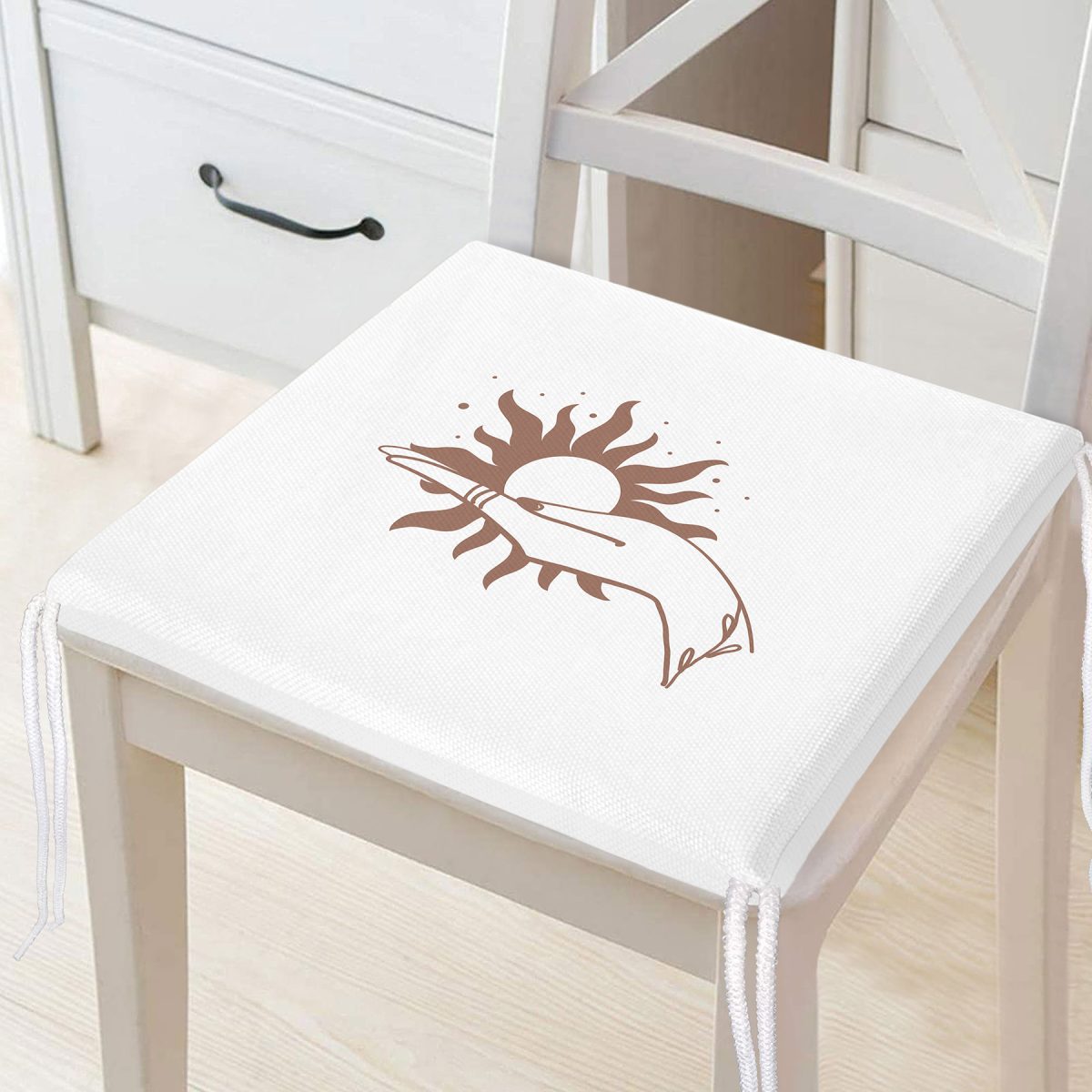 Beyaz Zeminde Onedraw Çizimli Güneş Tutan El Desenli Dijital Baskılı Modern Fermuarlı Sandalye Minderi Realhomes