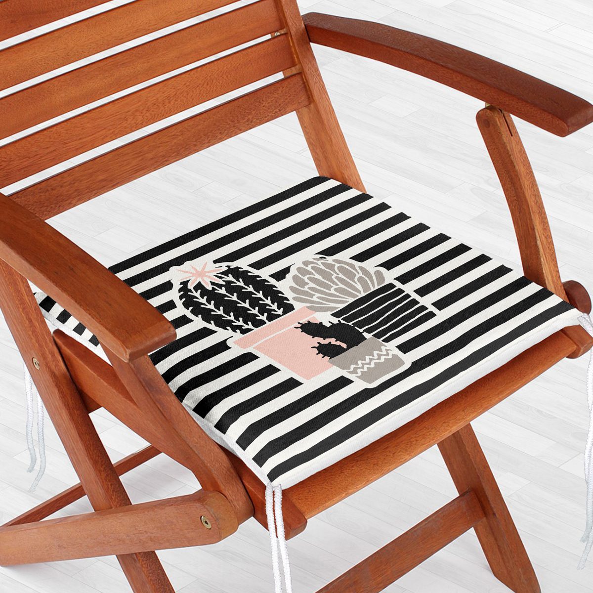 Renkli Zemin Üzerinde Siyah Çizgili Kaktüs Desenli Dijital Baskılı Modern Fermuarlı Sandalye Minderi Realhomes