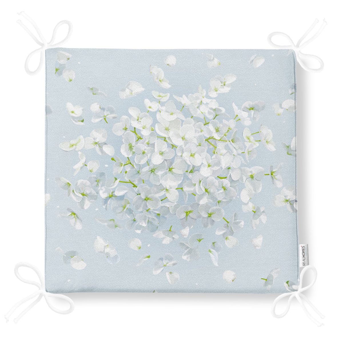 Renkli Zeminli Beyaz Ortanca Çiçek Desenli Dijital Baskılı Modern Fermuarlı Sandalye Minderi Realhomes