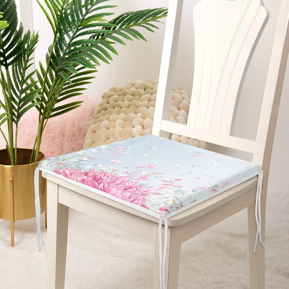 Pastel Zeminli Renkli Ortanca Çiçek Dijital Baskılı Modern Fermuarlı Sandalye Minderi Realhomes