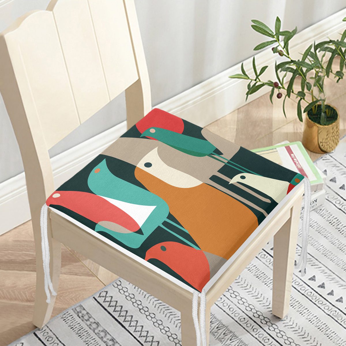 Soyut Kuş Desenli Özel Tasarım Dijital Baskılı Modern Fermuarlı Sandalye Minderi Realhomes