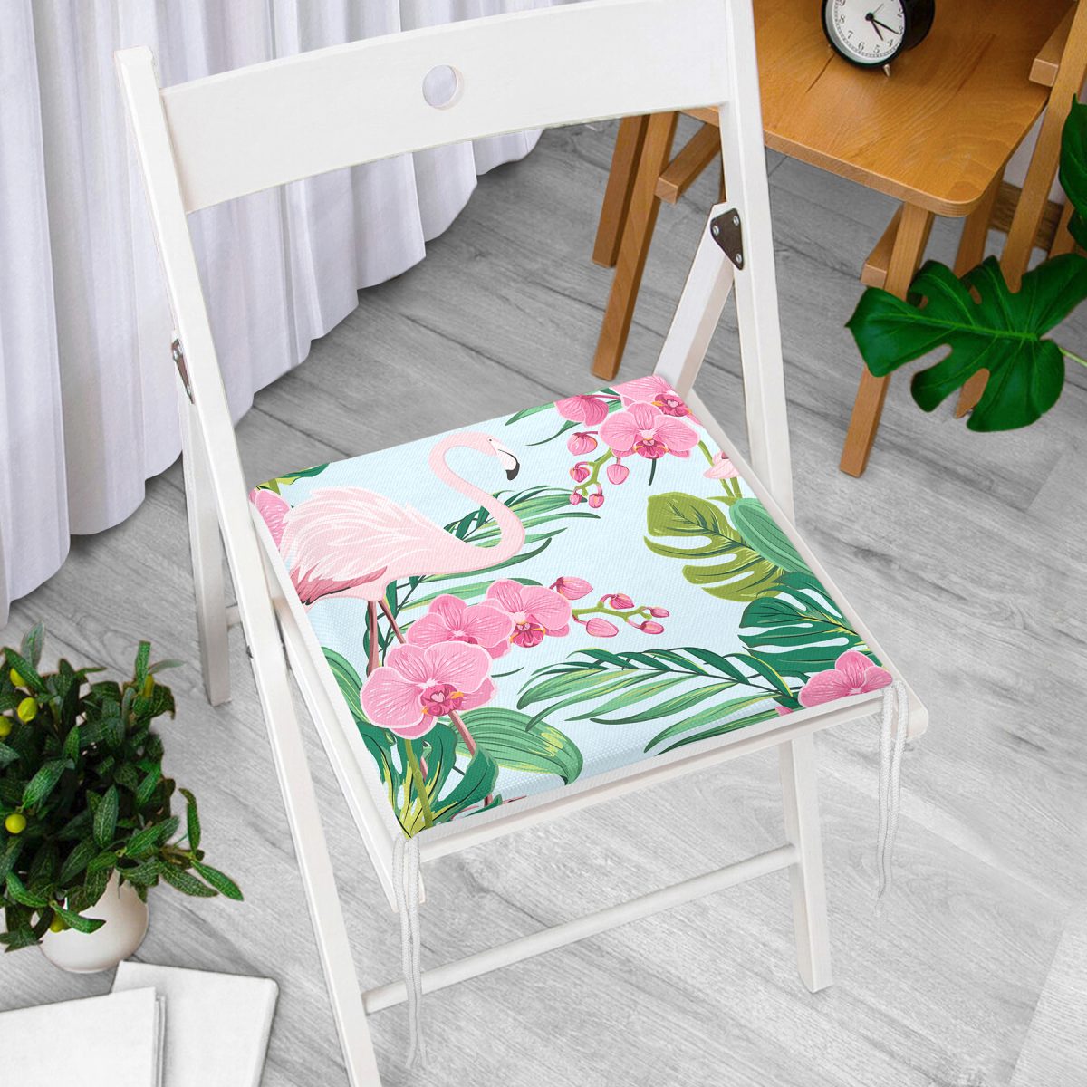 Renkli Tropik Yaprak Flamingo Motifli Fermuarlı Sandalye Minderi Realhomes