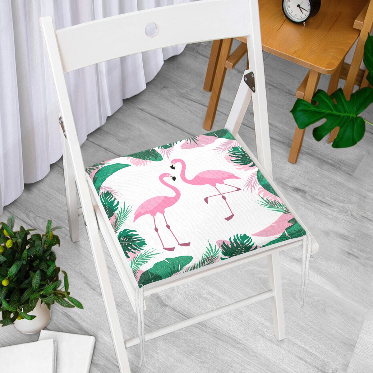 Tropik Yaprak Flamingo Özel Tasarımlı Dijital Baskılı Fermuarlı Sandalye Minderi Realhomes