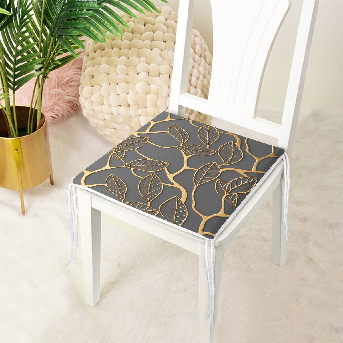 Gold Detaylı Yaprak Motifli Özel Tasarım Fermuarlı Sandalye Minderi Realhomes