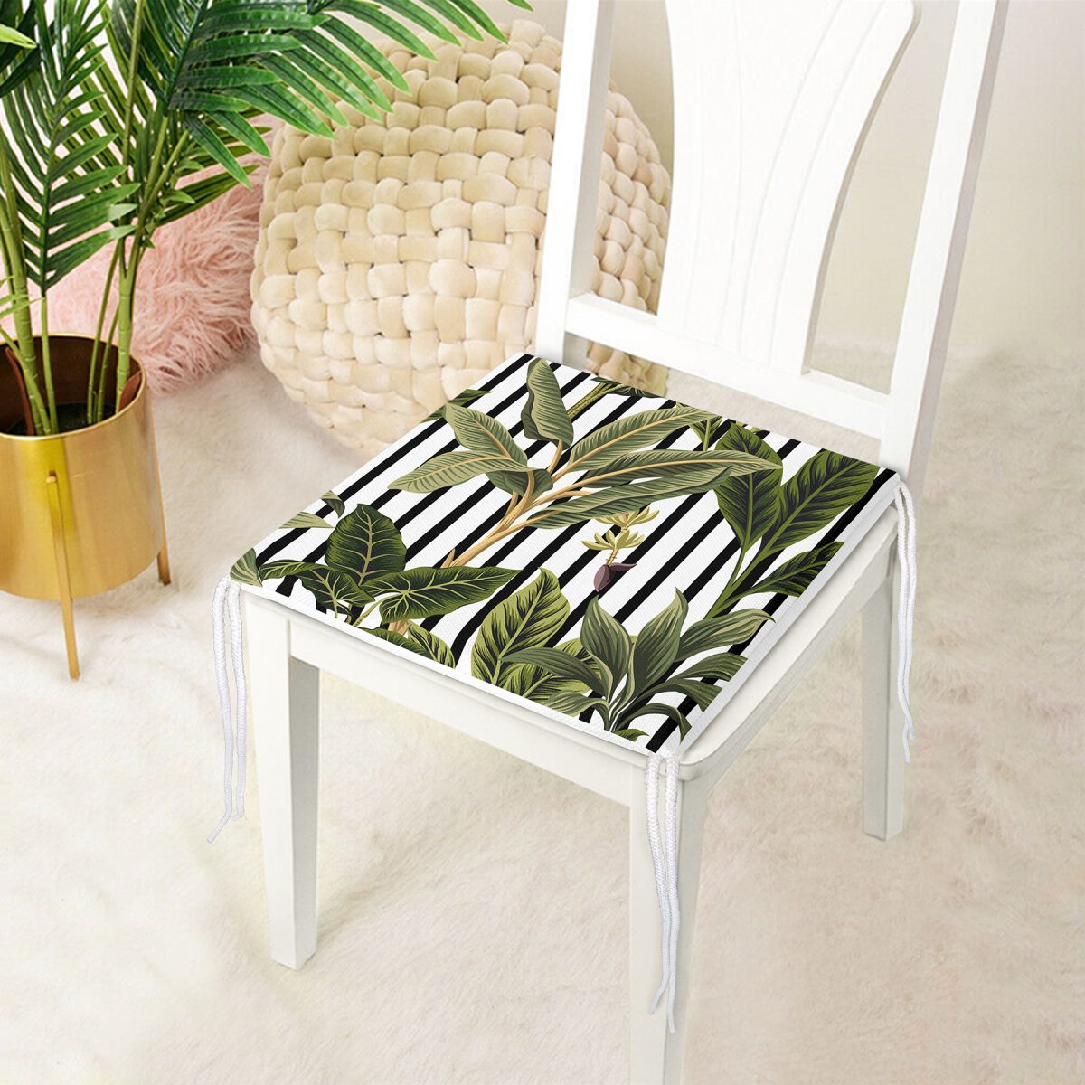 Çizgili Zemin Tropik Yaprak Motifli Modern Fermuarlı Sandalye Minderi Realhomes