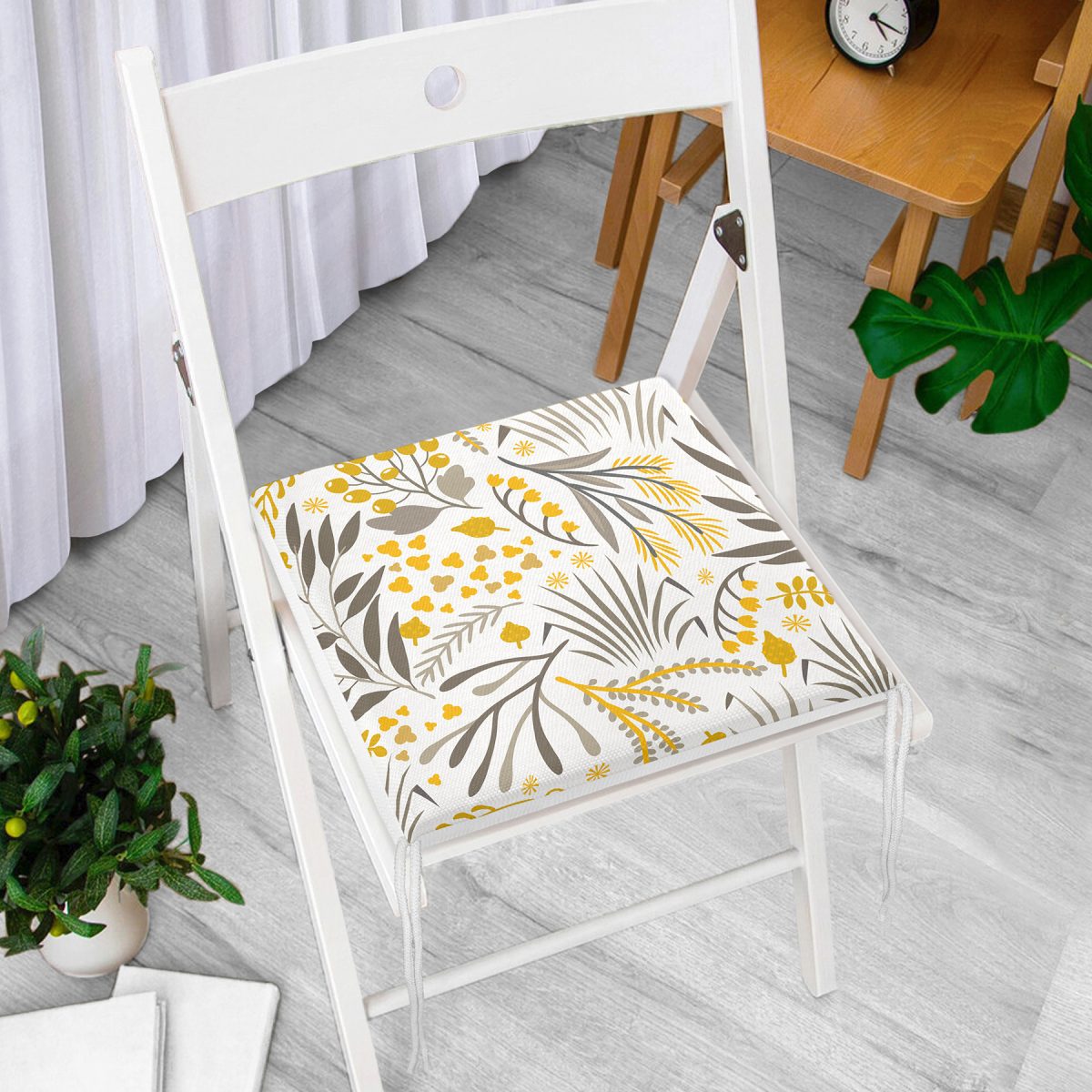 Sarı Detaylı Çiçek Temalı Dijital Baskılı Modern Fermuarlı Sandalye Minderi Realhomes