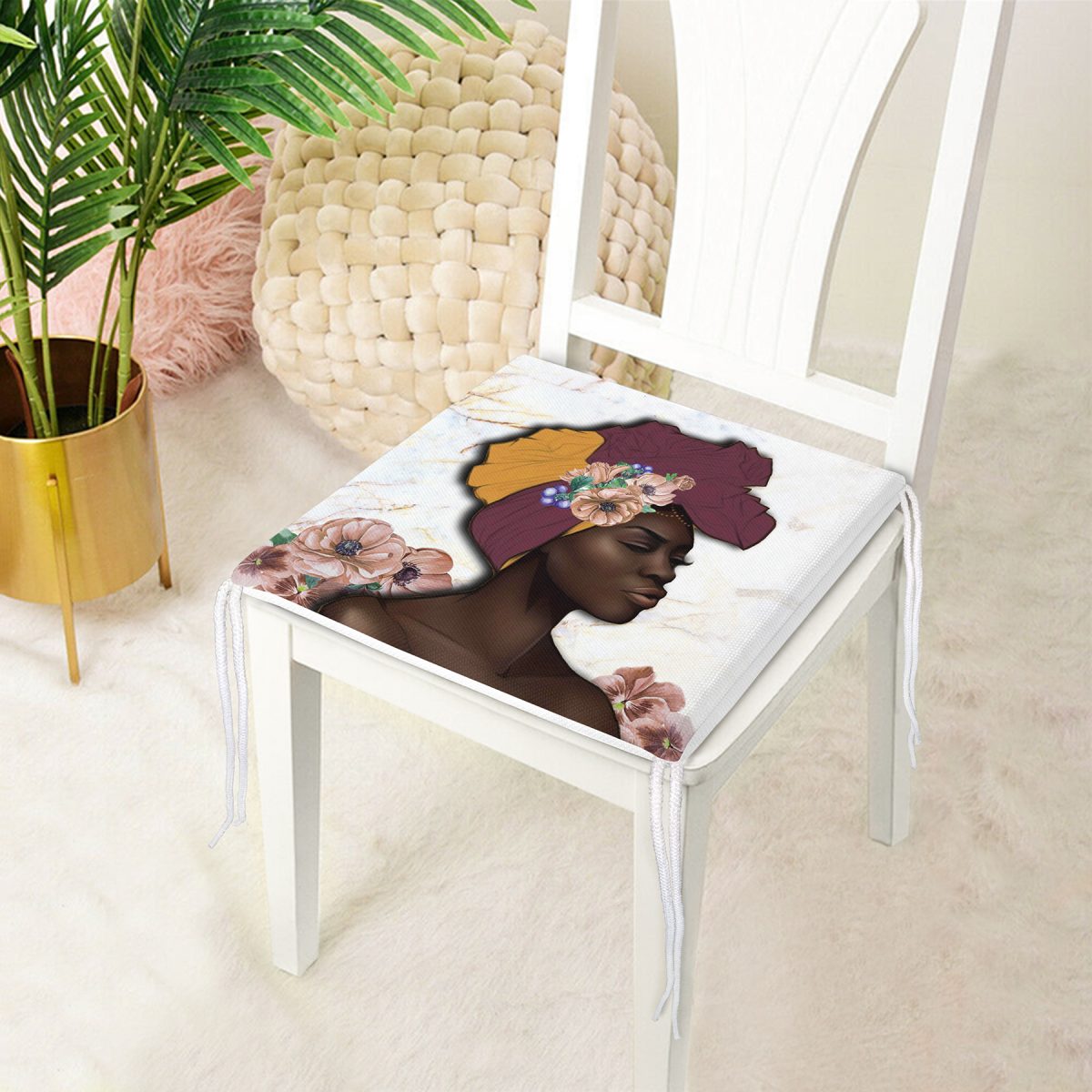 Gül Tasarımlı Siyahi Kadın Motifli Modern Fermuarlı Sandalye Minderi Realhomes