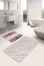 - PaspasTakimi-2li-Set100-Gorsel-1 - Realhomes  Mermer Motifli Mor Mermer Detaylı 2'li Kaymaz Tabanlı Banyo & Mutfak Paspas Takımı Realhomes