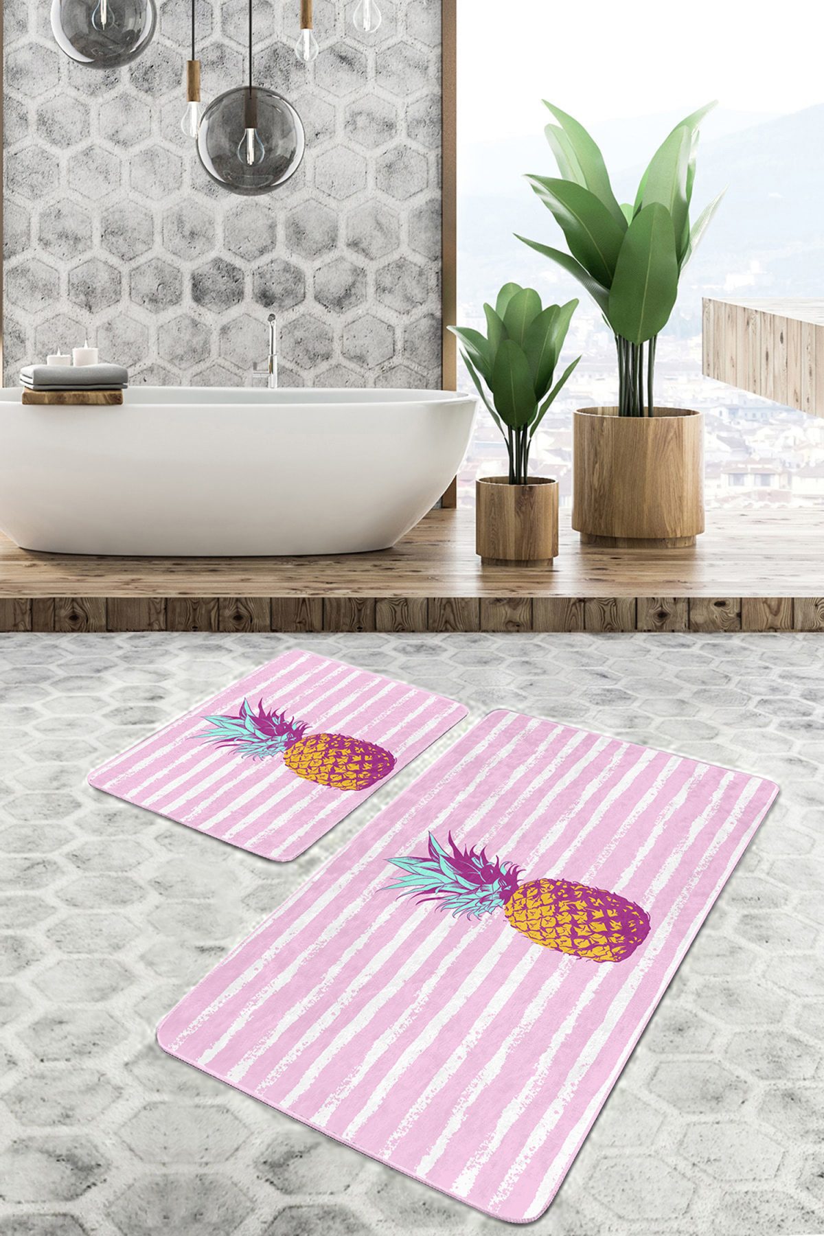 Pembe Düz Çizgili Ananas Motifli 2'li Kaymaz Tabanlı Banyo & Mutfak Paspas Takımı Realhomes