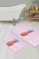 - PaspasTakimi-2li-Set102-Gorsel - Realhomes  Pembe Düz Çizgili Ananas Motifli 2'li Kaymaz Tabanlı Banyo & Mutfak Paspas Takımı Realhomes
