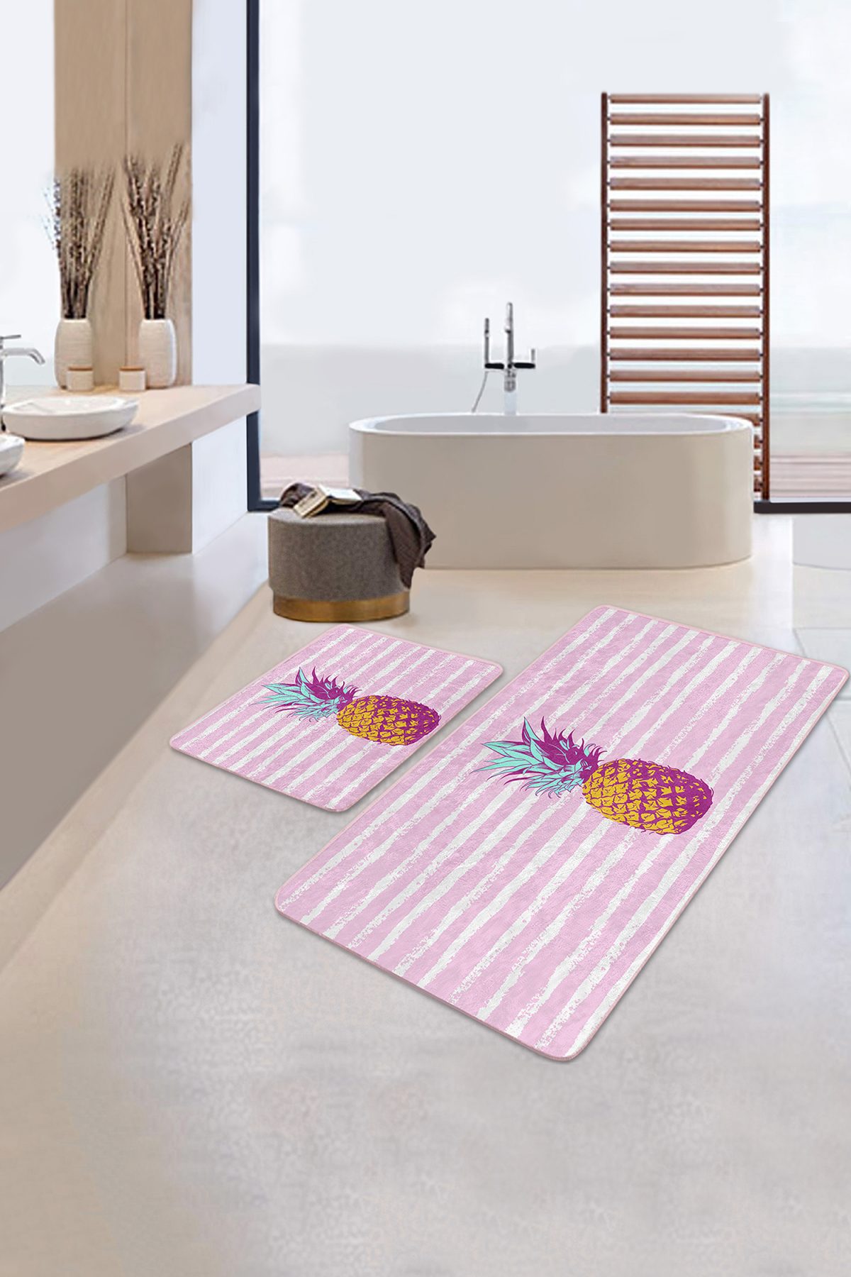Pembe Düz Çizgili Ananas Motifli 2'li Kaymaz Tabanlı Banyo & Mutfak Paspas Takımı Realhomes