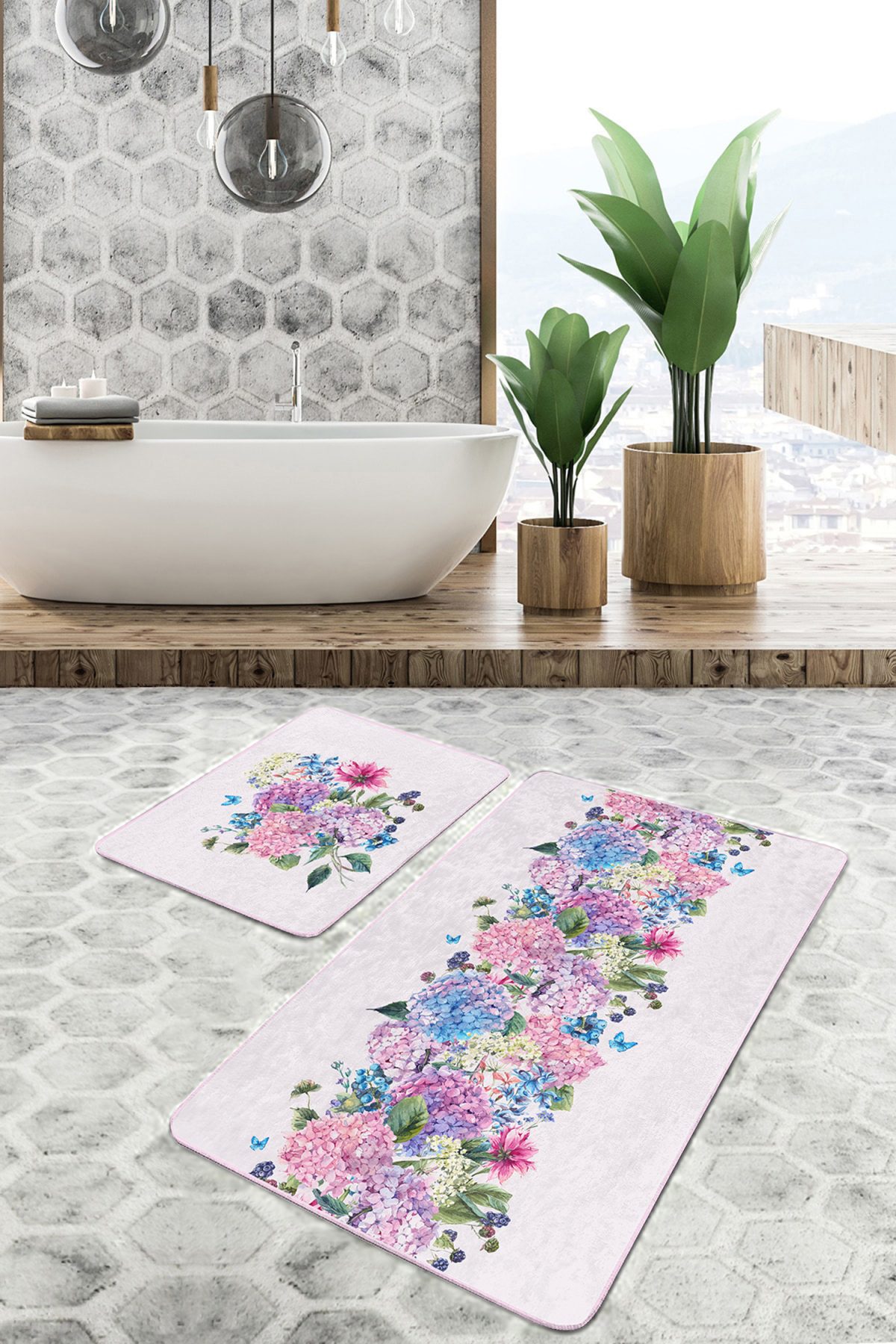 Rengarenk Ortanca Çiçekleri Özel Tasarım 2'li Kaymaz Tabanlı Banyo & Mutfak Paspas Takımı Realhomes