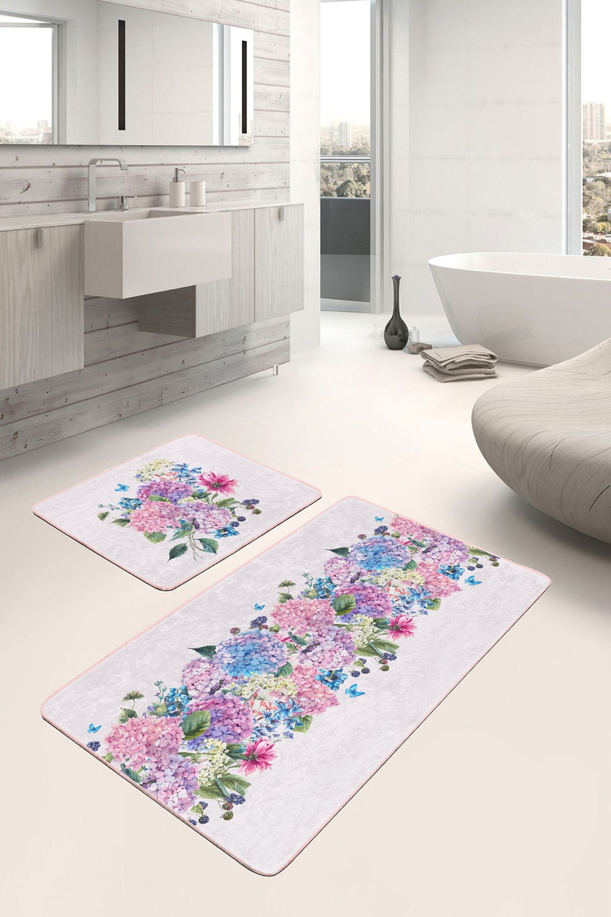 Rengarenk Ortanca Çiçekleri Özel Tasarım 2'li Kaymaz Tabanlı Banyo & Mutfak Paspas Takımı Realhomes