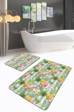 - PaspasTakimi-2li-Set105-Gorsel-1 - Realhomes  Yeşil Çizgili Ananas Flamingo Tasarımlı 2'li Kaymaz Tabanlı Banyo & Mutfak Paspas Takımı Realhomes