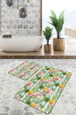 - PaspasTakimi-2li-Set105-Gorsel - Realhomes  Yeşil Çizgili Ananas Flamingo Tasarımlı 2'li Kaymaz Tabanlı Banyo & Mutfak Paspas Takımı Realhomes