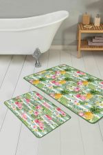 - PaspasTakimi-2li-Set105-Gorsel-2 - Realhomes  Yeşil Çizgili Ananas Flamingo Tasarımlı 2'li Kaymaz Tabanlı Banyo & Mutfak Paspas Takımı Realhomes