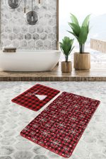 Kırmızı Mery Christmas Temalı Özel Tasarım 2'li Kaymaz Tabanlı Banyo & Mutfak Paspas Takımı Realhomes
