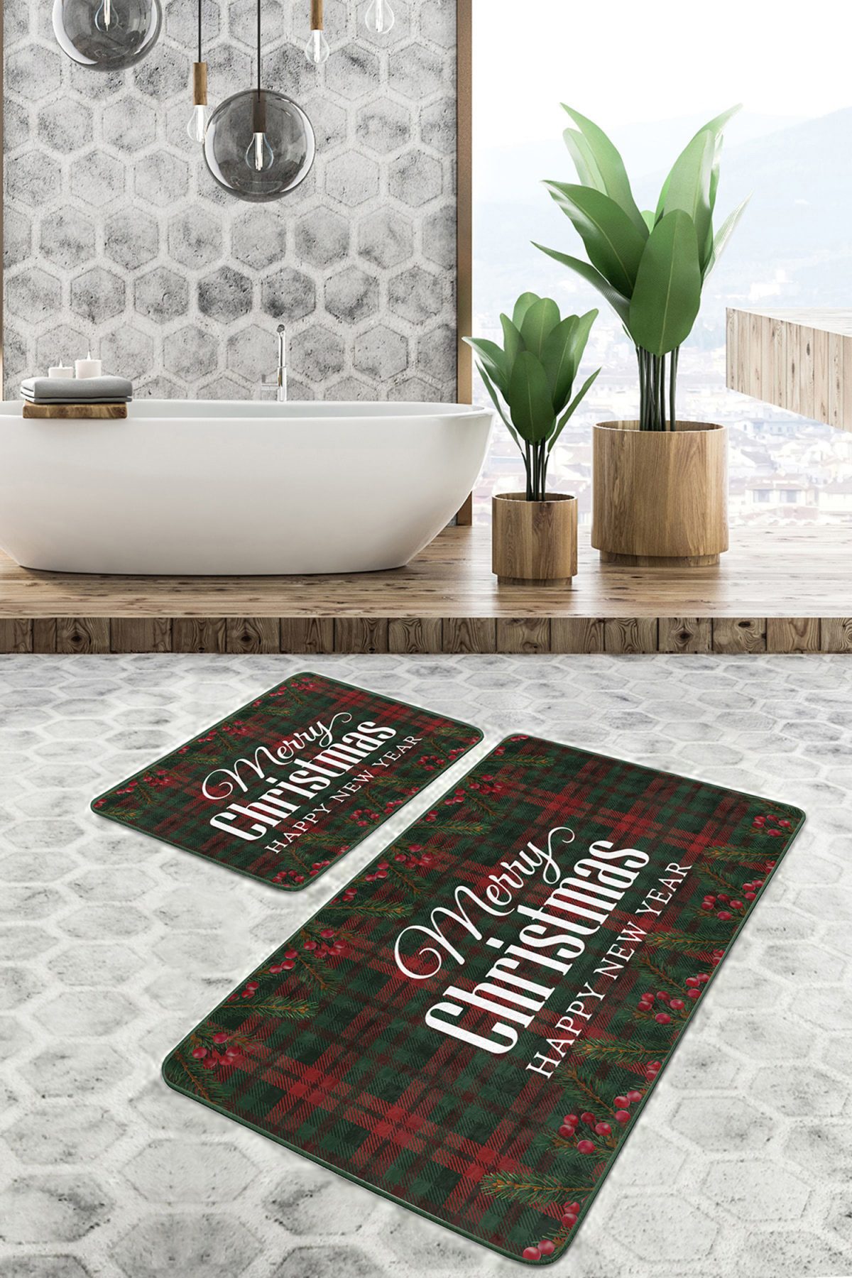 Mery Christmas Temalı Ekose Zeminli Özel Tasarım 2'li Kaymaz Tabanlı Banyo & Mutfak Paspas Takımı Realhomes