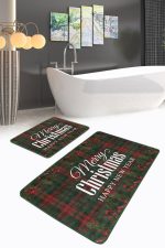 - PaspasTakimi-2li-Set113-Gorsel-2 - Realhomes  Mery Christmas Temalı Ekose Zeminli Özel Tasarım 2'li Kaymaz Tabanlı Banyo & Mutfak Paspas Takımı Realhomes