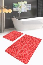 - PaspasTakimi-2li-Set120-Gorsel-1 - Realhomes Kırmızı Zemin Kar Taneleri Dijital Baskılı 2'li Kaymaz Tabanlı Banyo & Mutfak Paspas Takımı Realhomes