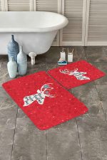 Kırmızı Zeminli Geyik Motifli Yılbaşı Temalı 2'li Kaymaz Tabanlı Banyo & Mutfak Paspas Takımı Realhomes