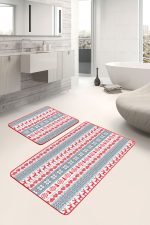 Mery Christmas Temalı Kanaviçe Motifli Dijital Baskılı 2'li Kaymaz Tabanlı Banyo & Mutfak Paspas Takımı Realhomes