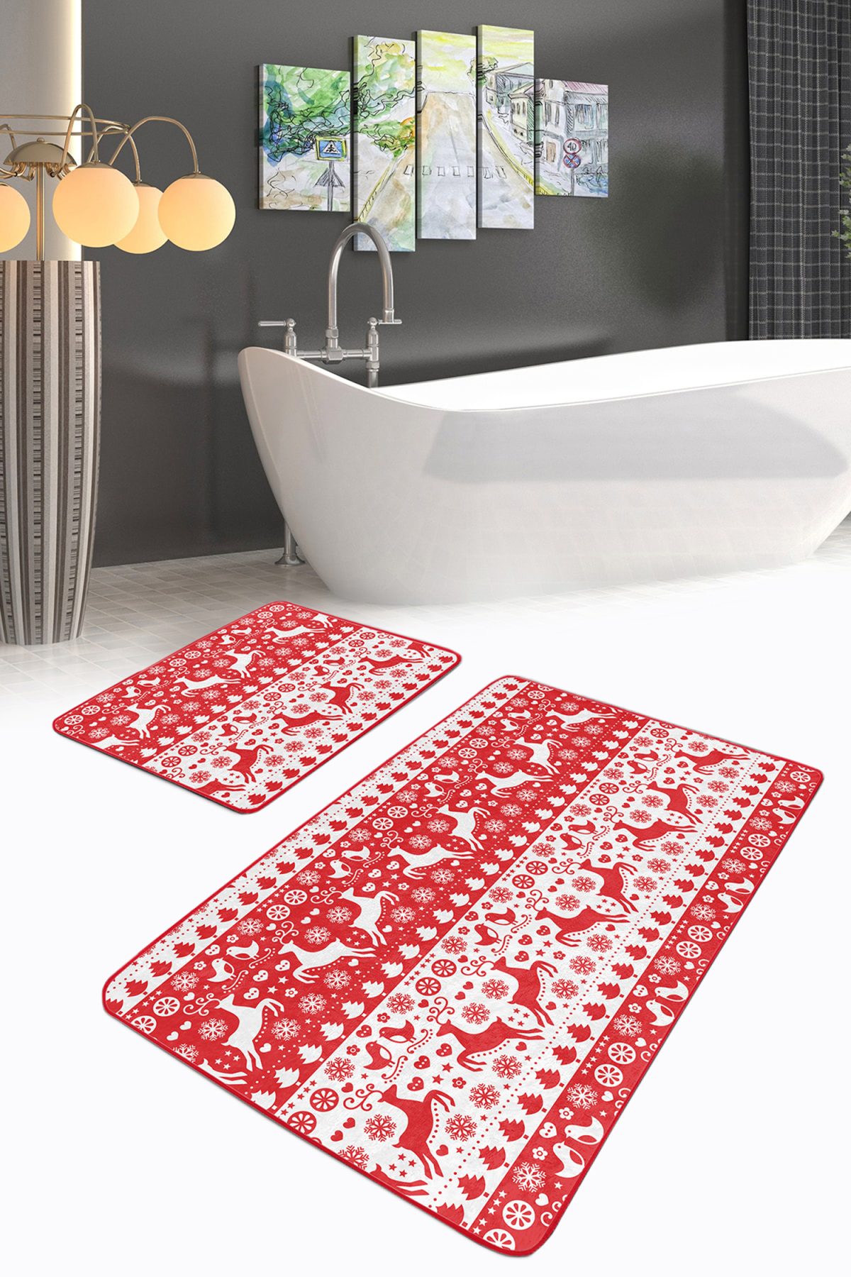 Kırmızı Beyaz Geyikler Dijital Baskılı 2'li Kaymaz Tabanlı Banyo & Mutfak Paspas Takımı Realhomes