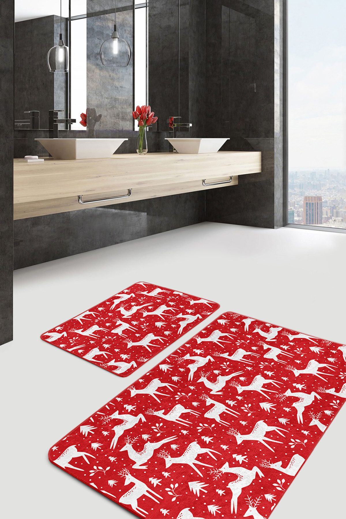 Kırmızı Zemin Geyik Motifli Özel Tasarımlı 2'li Kaymaz Tabanlı Banyo & Mutfak Paspas Takımı Realhomes