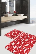 - PaspasTakimi-2li-Set126-Gorsel-1 - Realhomes Kırmızı Zemin Geyik Motifli Özel Tasarımlı 2'li Kaymaz Tabanlı Banyo & Mutfak Paspas Takımı Realhomes