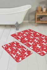 - PaspasTakimi-2li-Set126-Gorsel - Realhomes Kırmızı Zemin Geyik Motifli Özel Tasarımlı 2'li Kaymaz Tabanlı Banyo & Mutfak Paspas Takımı Realhomes