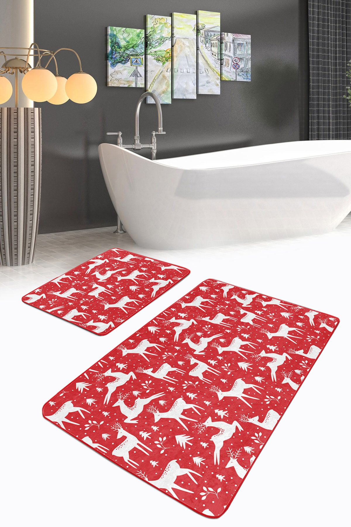 Kırmızı Zemin Geyik Motifli Özel Tasarımlı 2'li Kaymaz Tabanlı Banyo & Mutfak Paspas Takımı Realhomes