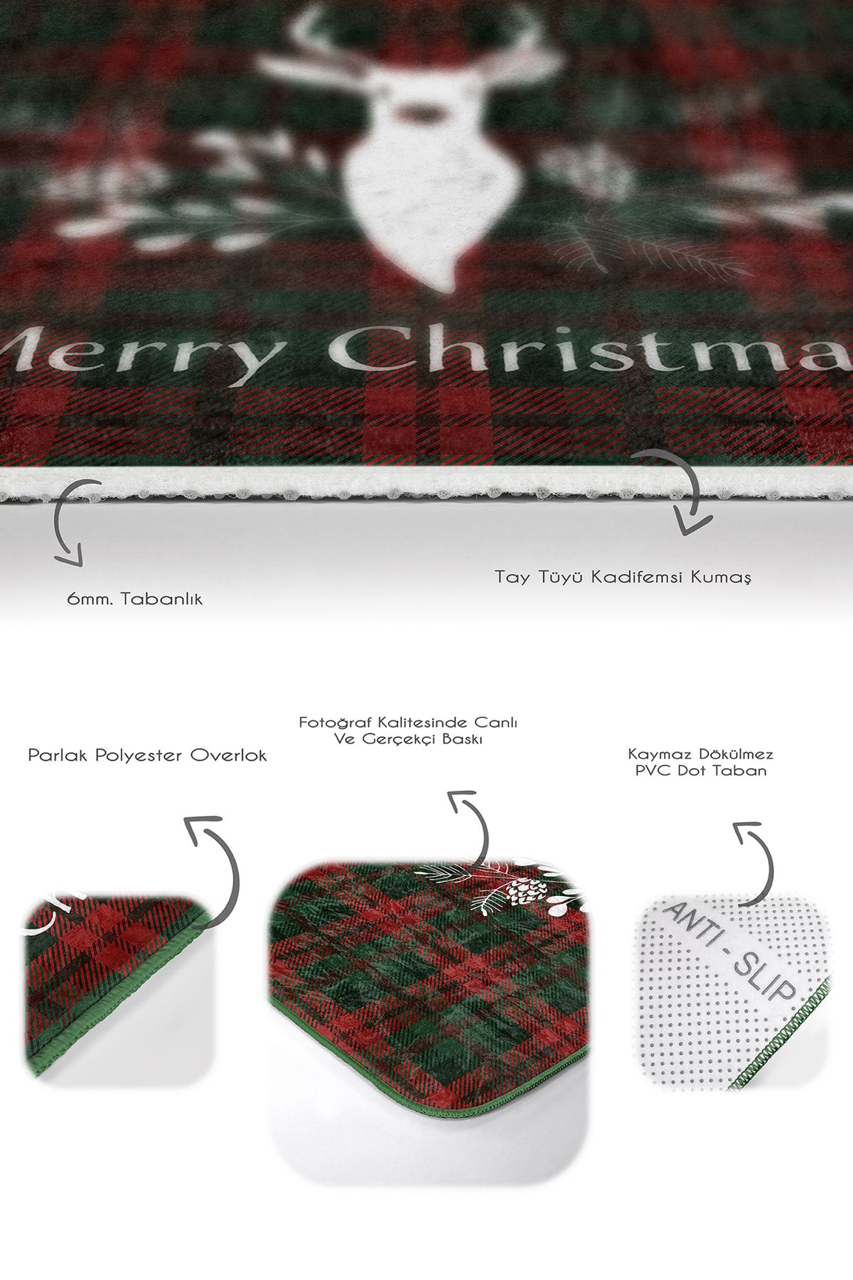 Mery Christmas Temalı Geyik Tasarımlı Dijital Baskılı 2'li Kaymaz Tabanlı Banyo & Mutfak Paspas Takımı Realhomes