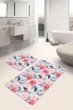 - PaspasTakimi-2li-Set128-Gorsel-1 - Realhomes Mavi Zemin Kelebek Gül Motifli Özel Tasarım 2'li Kaymaz Tabanlı Banyo & Mutfak Paspas Takımı Realhomes