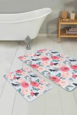 - PaspasTakimi-2li-Set128-Gorsel - Realhomes Mavi Zemin Kelebek Gül Motifli Özel Tasarım 2'li Kaymaz Tabanlı Banyo & Mutfak Paspas Takımı Realhomes