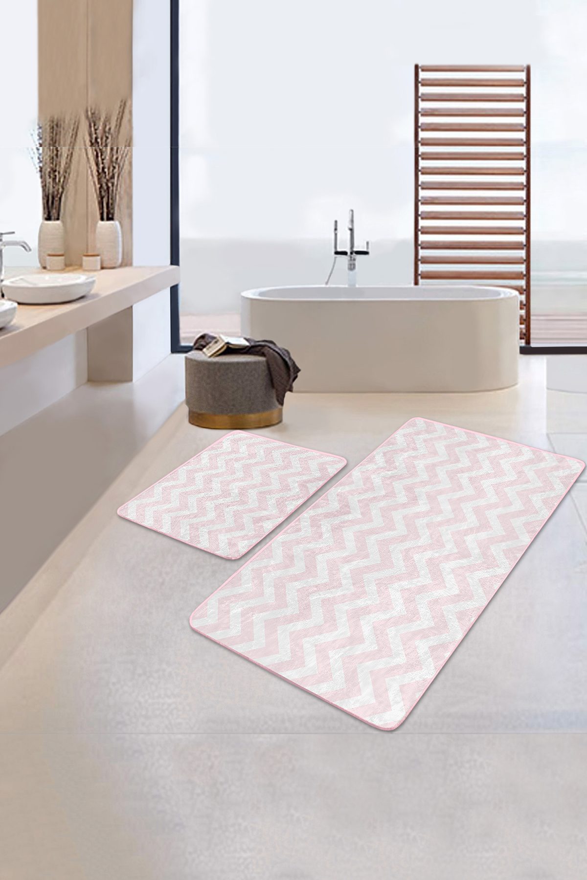 Geometrik Pembe Zigzag Motifli 2'li Kaymaz Tabanlı Banyo & Mutfak Paspas Takımı Realhomes