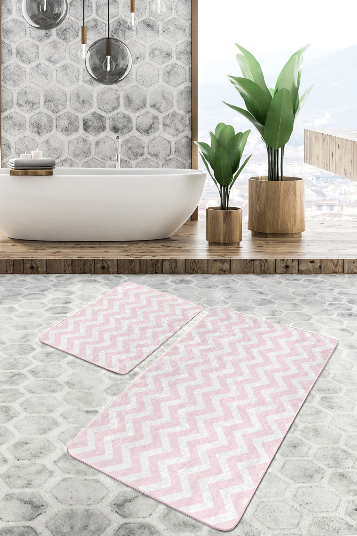 Geometrik Pembe Zigzag Motifli 2'li Kaymaz Tabanlı Banyo & Mutfak Paspas Takımı Realhomes