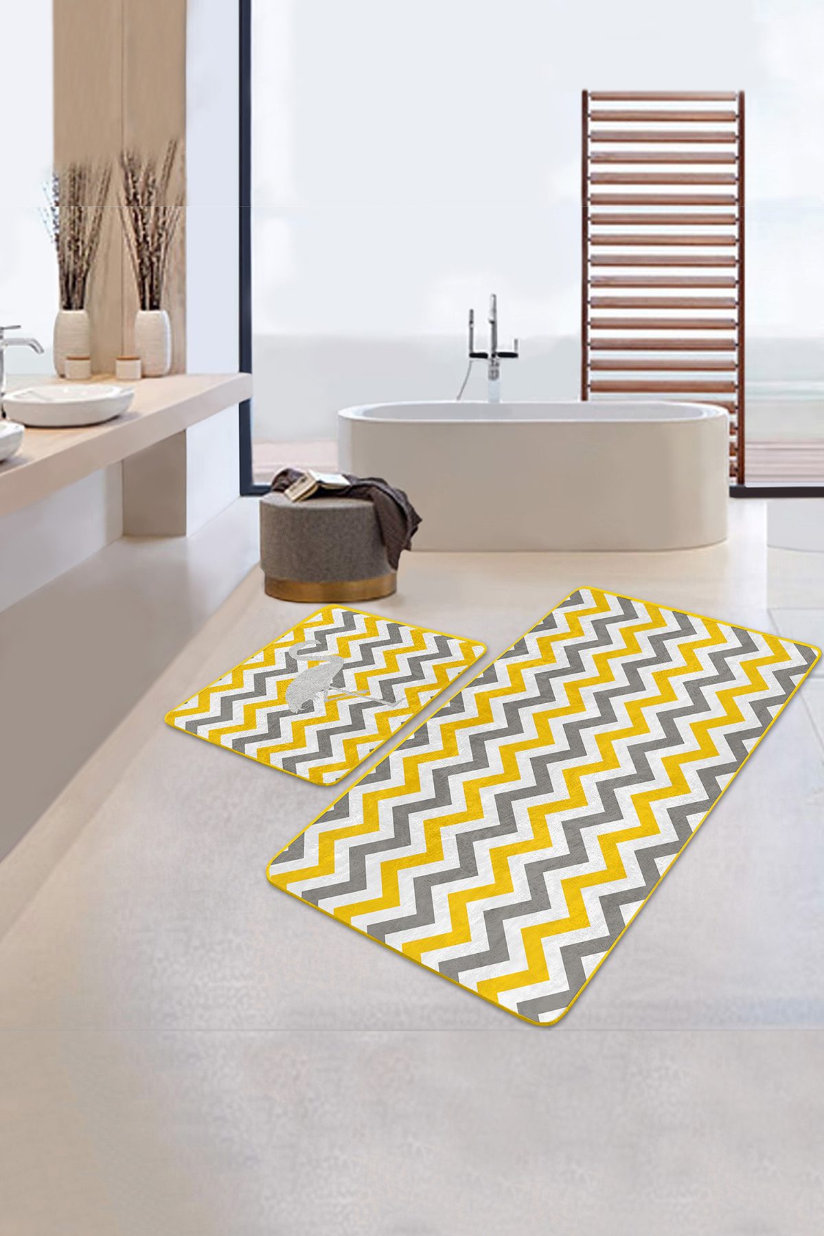Sarı Gri Zigzag Tasarımlı Flamingo Motifli 2'li Kaymaz Tabanlı Banyo & Mutfak Paspas Takımı Realhomes