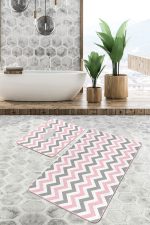 - PaspasTakimi-2li-Set131-Gorsel-2 - Realhomes  Pembe Gri Zigzag Motifli Flaminto Tasarımlı 2'li Kaymaz Tabanlı Banyo & Mutfak Paspas Takımı Realhomes