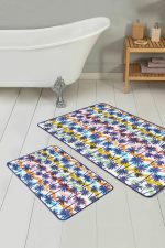 - PaspasTakimi-2li-Set134-Gorsel-1 - Realhomes  Renkli Çizgiler Mavi Palmiye Ağaçları 2'li Kaymaz Tabanlı Banyo & Mutfak Paspas Takımı Realhomes