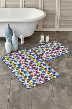 - PaspasTakimi-2li-Set134-Gorsel - Realhomes  Renkli Çizgiler Mavi Palmiye Ağaçları 2'li Kaymaz Tabanlı Banyo & Mutfak Paspas Takımı Realhomes